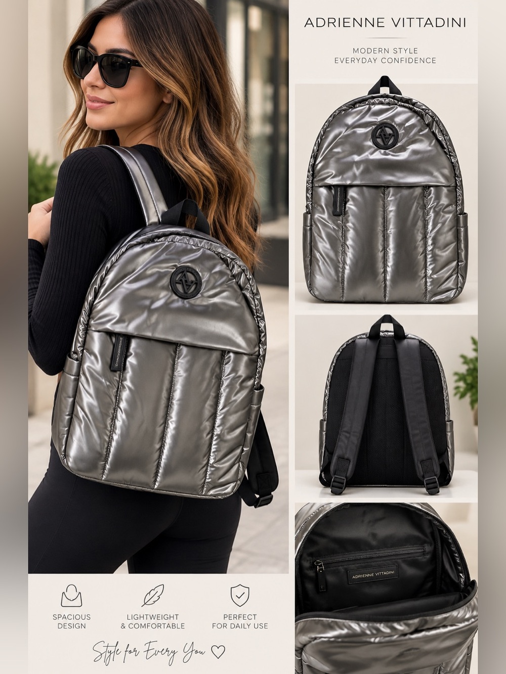 Adrienne Vittadini Metallic Pewter Quilted Backpack